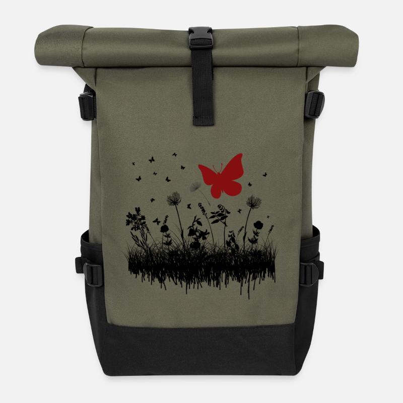 Dessin de papillon avec accent floral - Sac à dos roll top - olive/noir