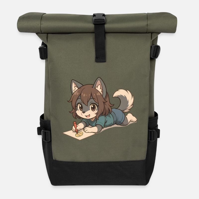 Chibi Wolf Pup – Zeichnendes Wolfs-Kind Motiv - Rolltop Rucksack - Olive/Schwarz