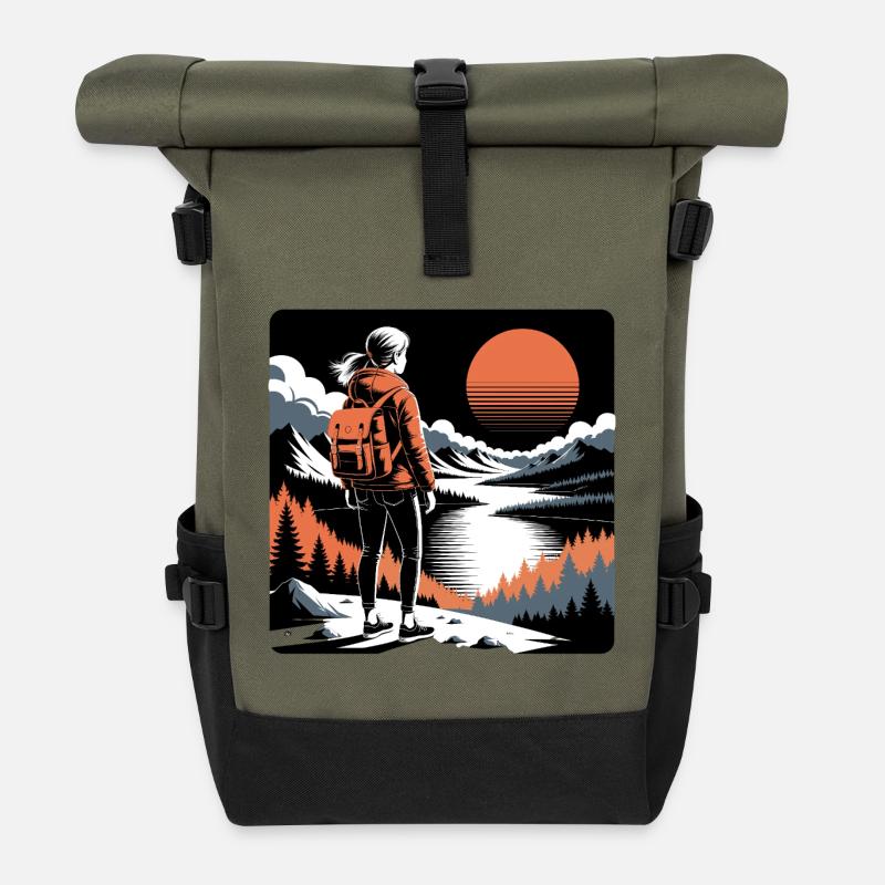 Wanderer Mädchen malerischen Sonnenuntergang Abent - Rolltop Rucksack - Olive/Schwarz