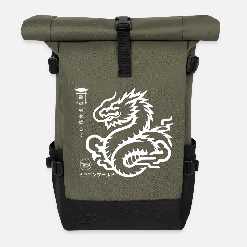Japanischer Drache mit japanischer Schrift - Rolltop Rucksack - Olive/Schwarz