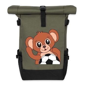 Monkey with Soccer Ball - Soccer Motif - Roll Top Backpack - olive/black - Front