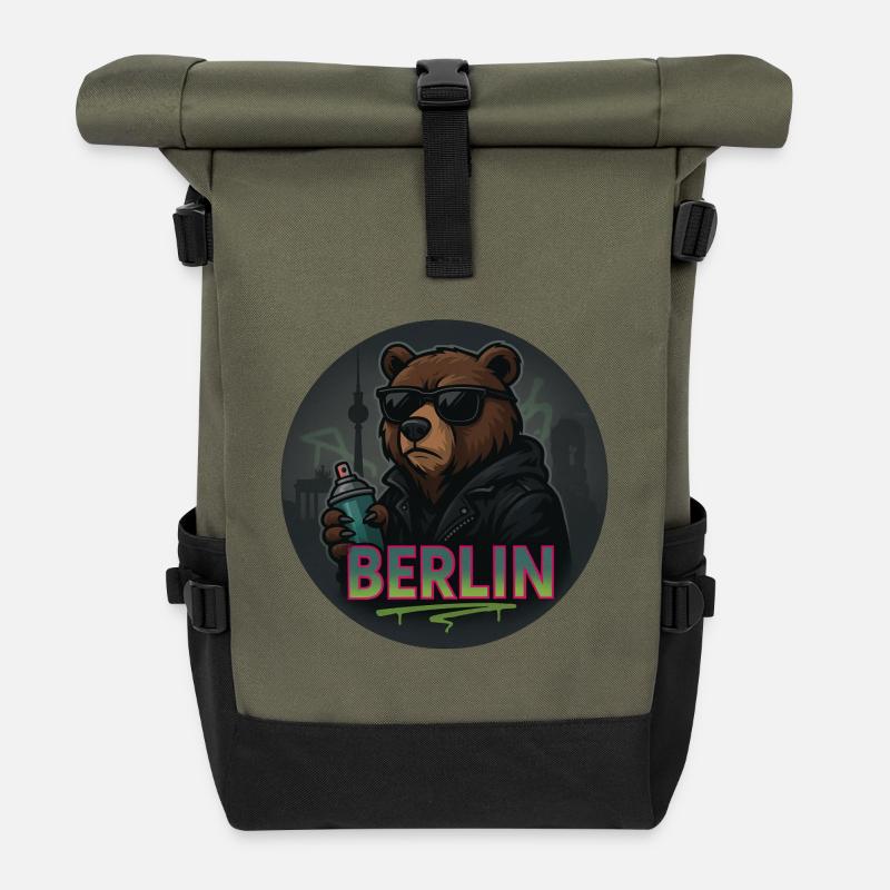 Berlin Bär – Design urbain streetstyle avec graffiti - Sac à dos roll top - olive/noir