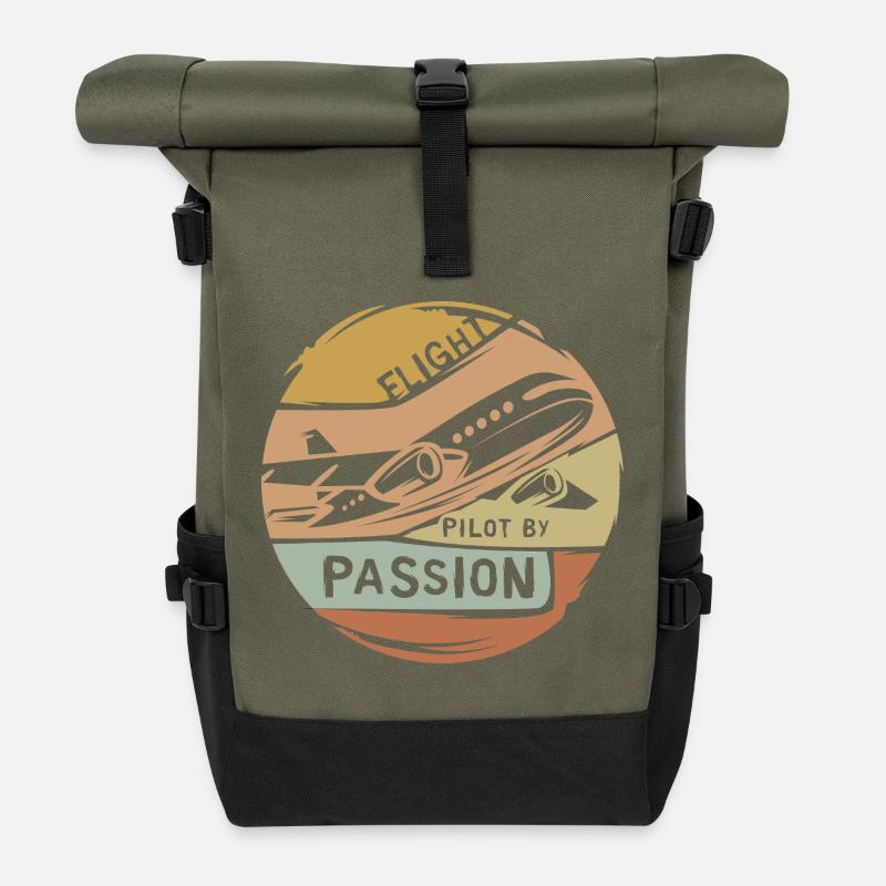 vintage Flugzeug Logo - Pilot by Passion Emblem - Rolltop Rucksack - Olive/Schwarz