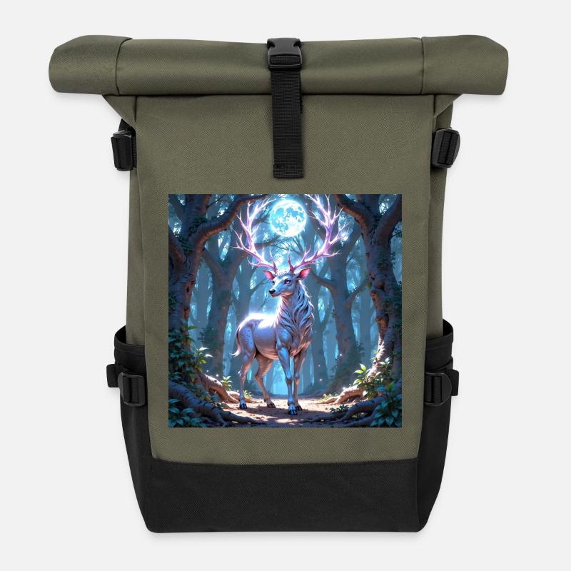 Krafttier Hirsch am Mondlicht - Rolltop Rucksack - Olive/Schwarz