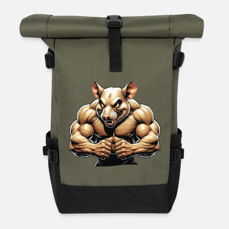 Illustration de rongeur anthropomorphe féroce - Sac à dos roll top - olive/noir