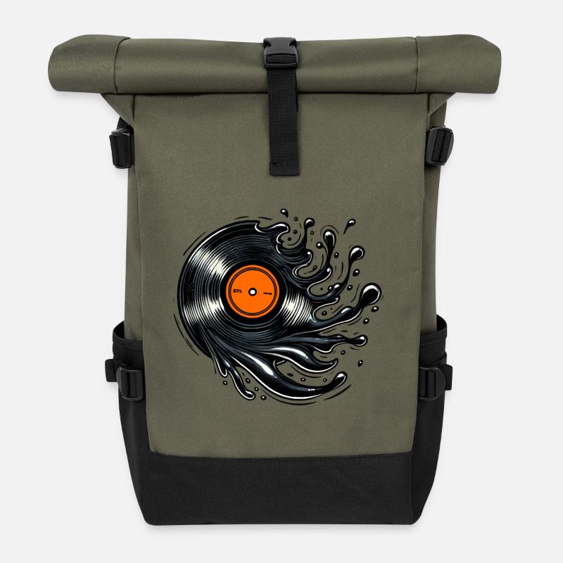 Vinyl Splash – Retro Musik Style - Rolltop Rucksack - Olive/Schwarz