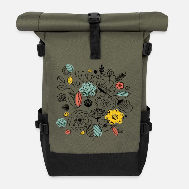 Flower Power - Rolltop Rucksack - Olive/Schwarz