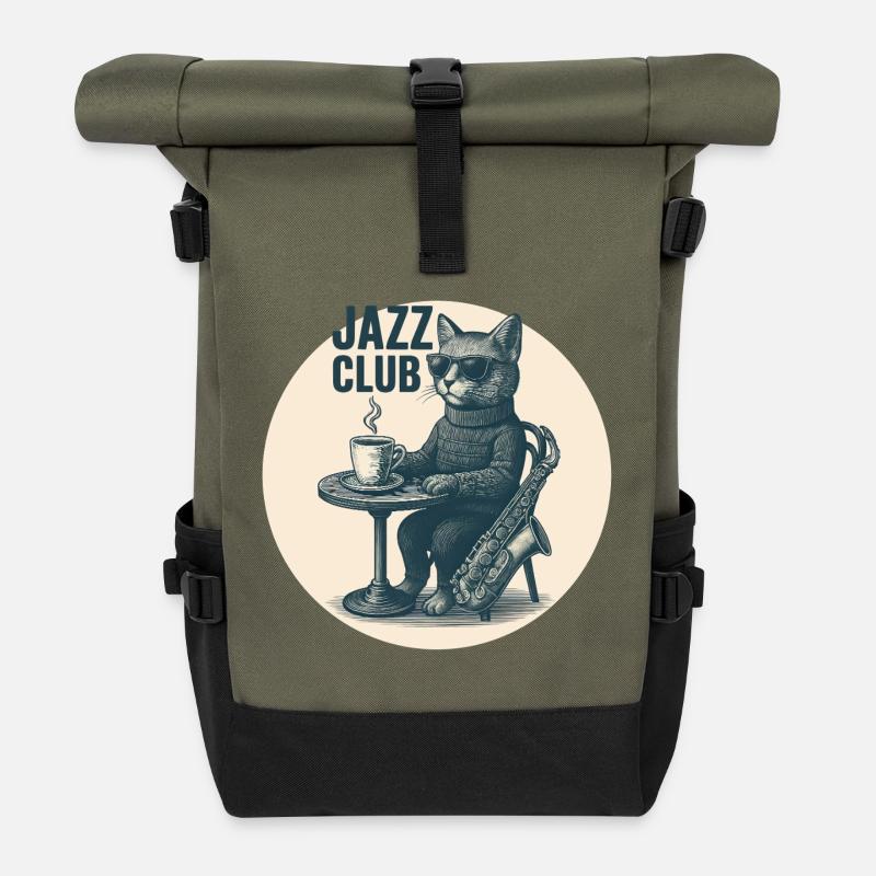 Cool Jazz Cat with Saxophone - Vintage Club - Roll Top Backpack - olive/black