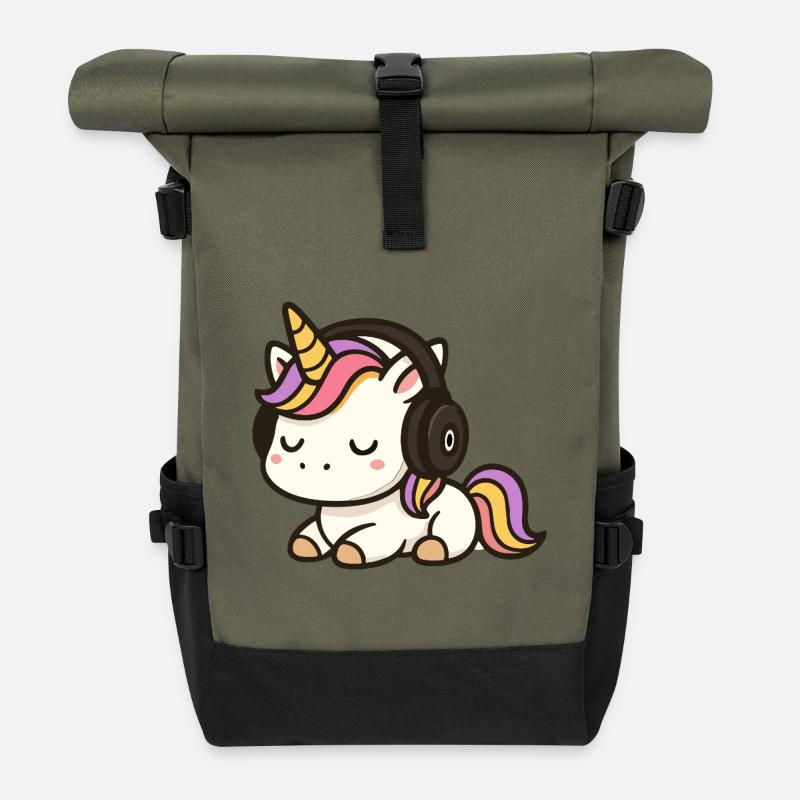 Niedlicher Einhorn-Cartoon mit schlafenden Kopfhörern - Rolltop Rucksack - Olive/Schwarz