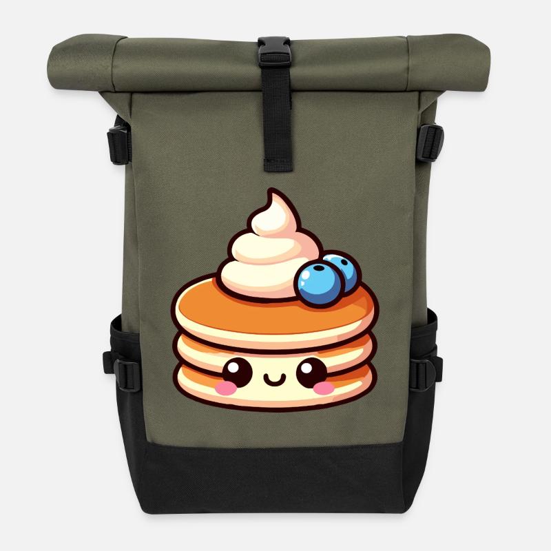Kawaii Pancake Character Design - Roll Top Backpack - olive/black