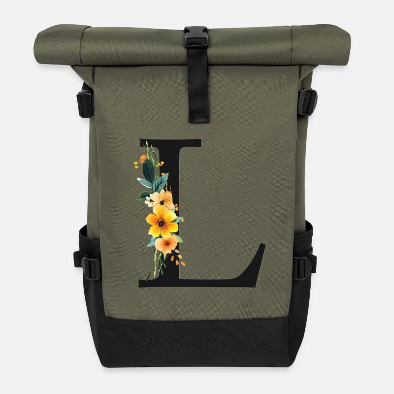L Monogramm, Floral, personalisierbar - Rolltop Rucksack - Olive/Schwarz