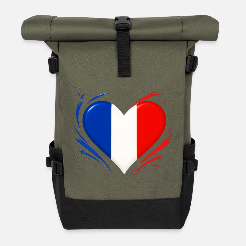 Amour Coeur battant - Drapeau français - Sac à dos roll top - olive/noir