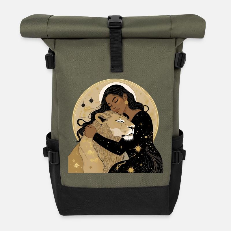 Frau mit Löwe in Sternenhimmel - Rolltop Rucksack - Olive/Schwarz