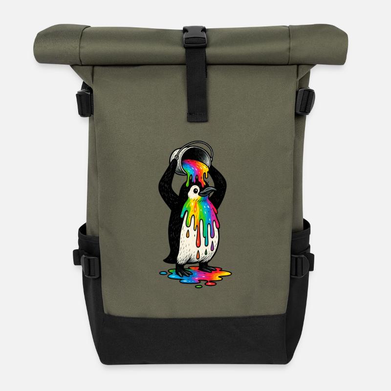 Bunter Pinguin mit Farbeimer - Rolltop Rucksack - Olive/Schwarz