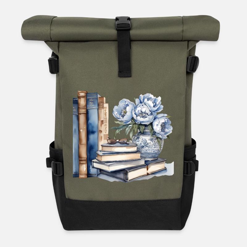 Illustriertes klassisches Buch und Blumenarrangement - Rolltop Rucksack - Olive/Schwarz