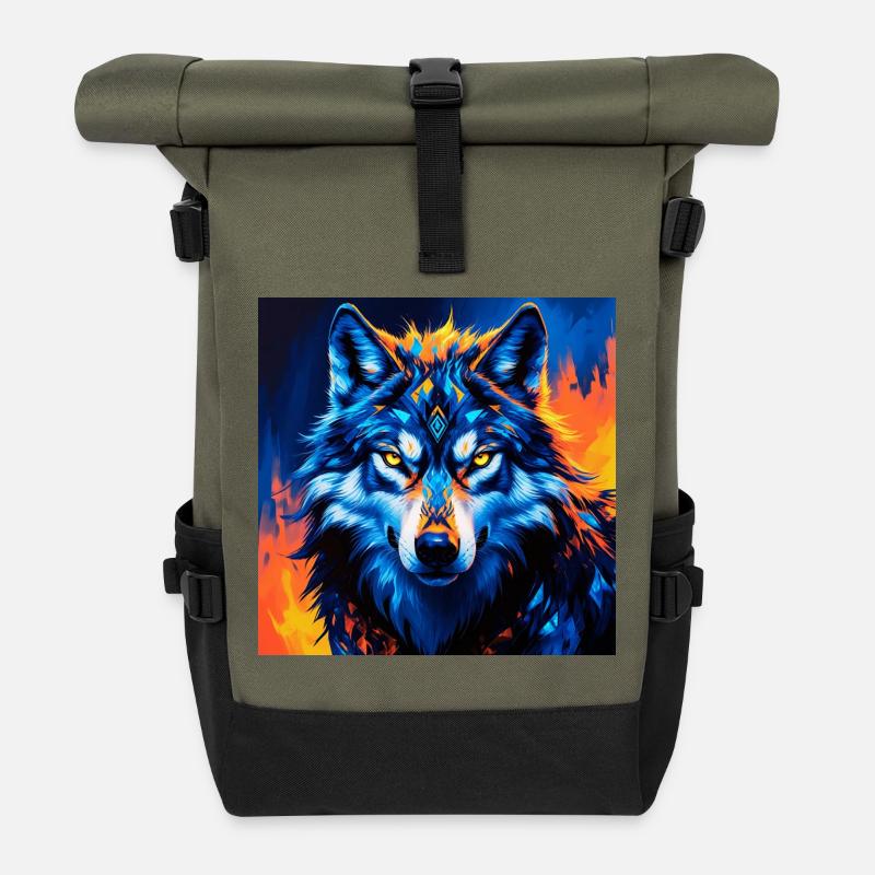 Lebendige geometrische Wolf Illustration - Rolltop Rucksack - Olive/Schwarz