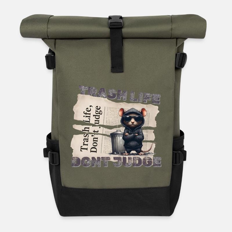 Trashratte mit Sonnenbrille und Trash-Motiv - Rolltop Rucksack - Olive/Schwarz