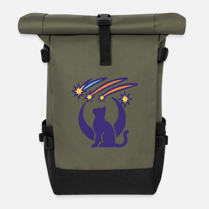 Katze und Sternschnuppen - Rolltop Rucksack - Olive/Schwarz