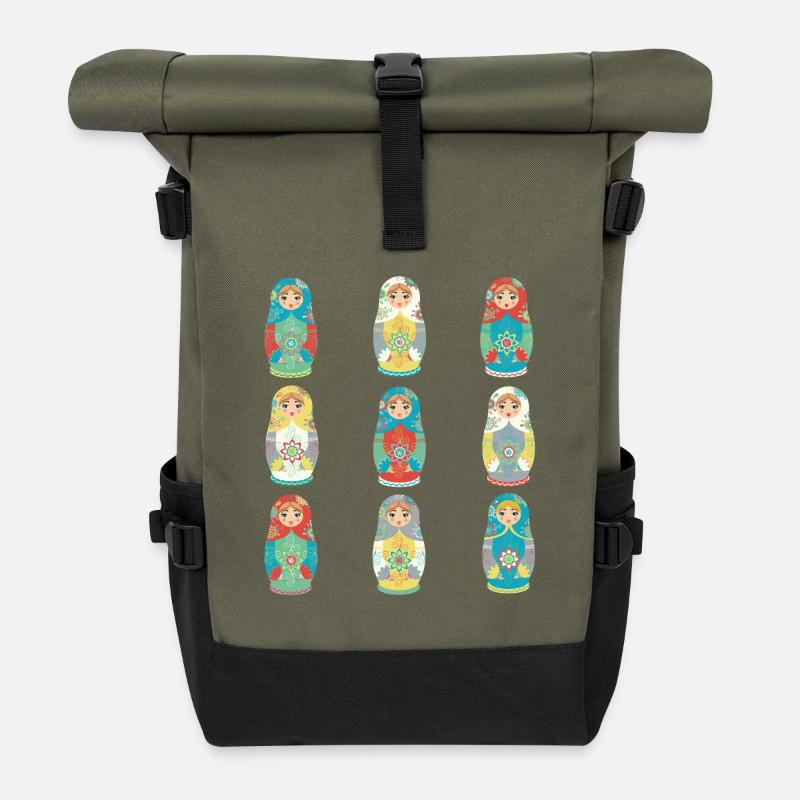 Bunte RussischMatroschka Figuren - Rolltop Rucksack - Olive/Schwarz