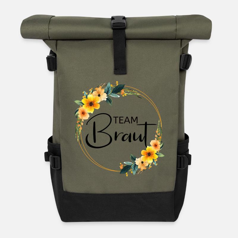 Team Braut! Bunter Blumen Kranz - Rolltop Rucksack - Olive/Schwarz