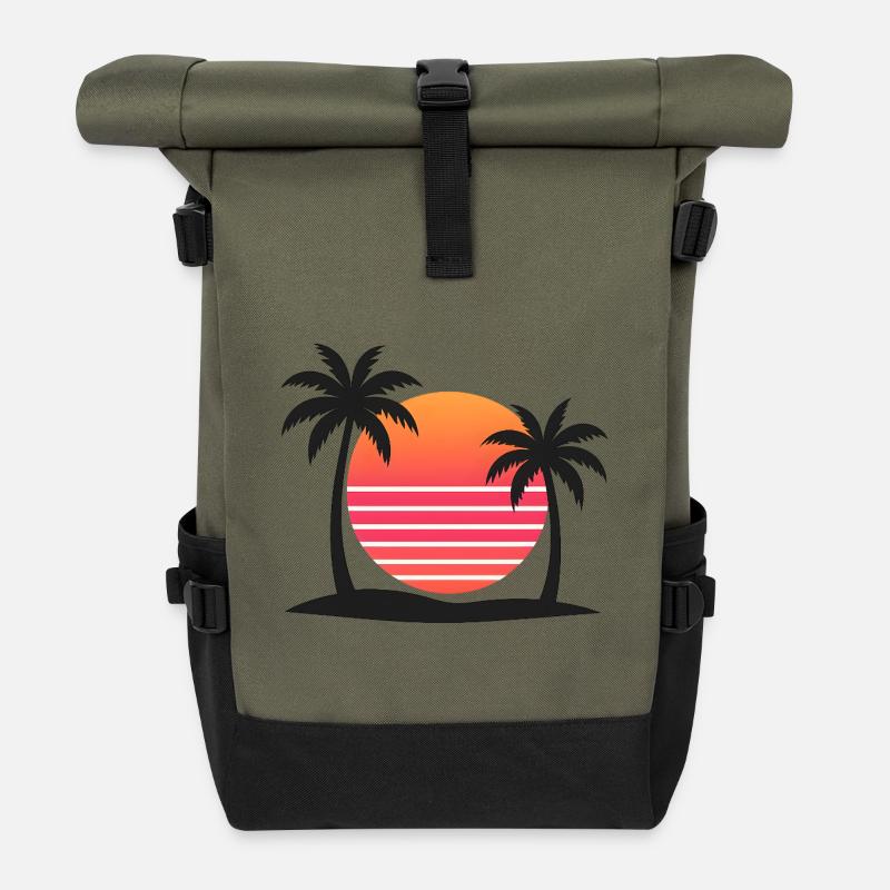 Tropical sunset with palm trees - Roll Top Backpack - olive/black