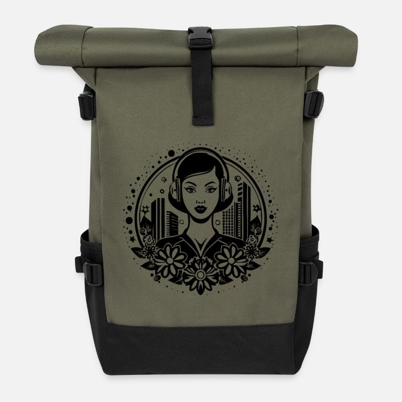 Techno Beat kick – Frau, Kopfhörer, Sequenz - Rolltop Rucksack - Olive/Schwarz