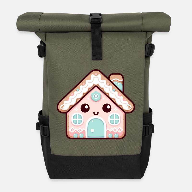 Kawaii Lebkuchenhaus Design - Rolltop Rucksack - Olive/Schwarz