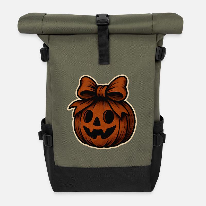 Gruseliger Kürbis mit Schleife - Rolltop Rucksack - Olive/Schwarz
