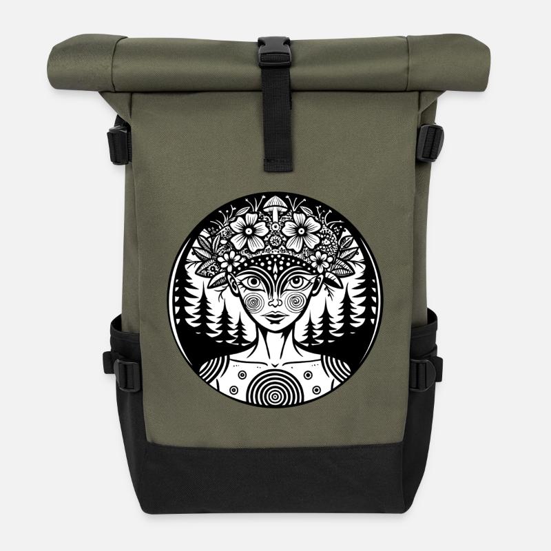 Mystischer Waldgeist Illustration - Rolltop Rucksack - Olive/Schwarz