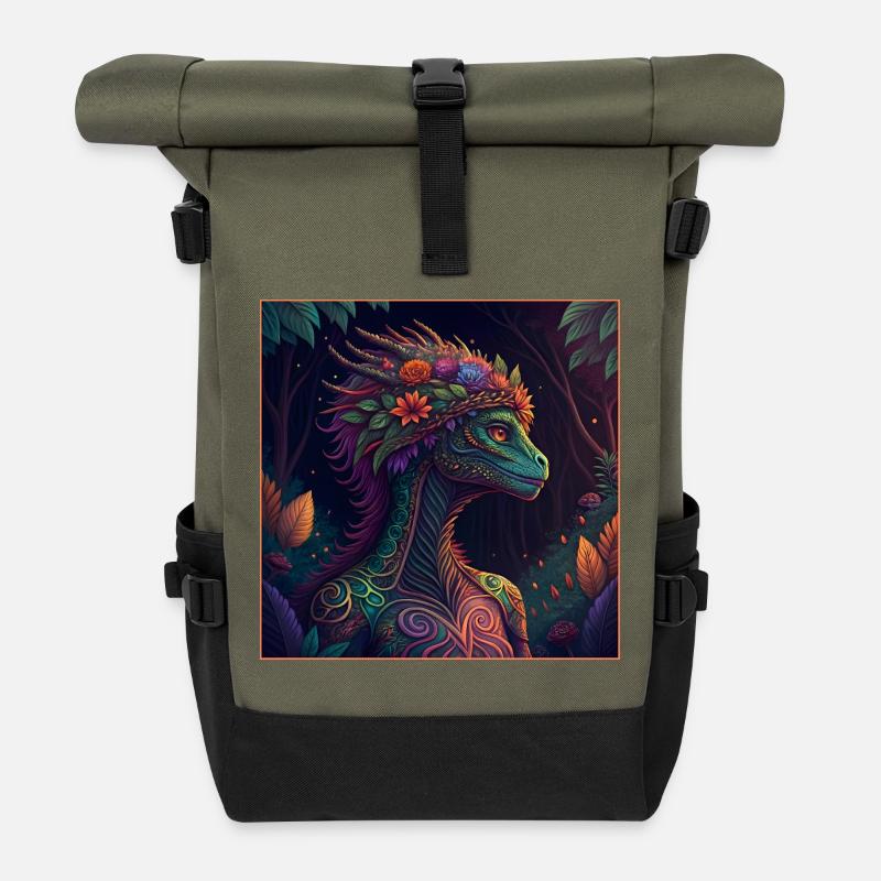 Mythical Jungle Dragon Illustration - Roll Top Backpack - olive/black