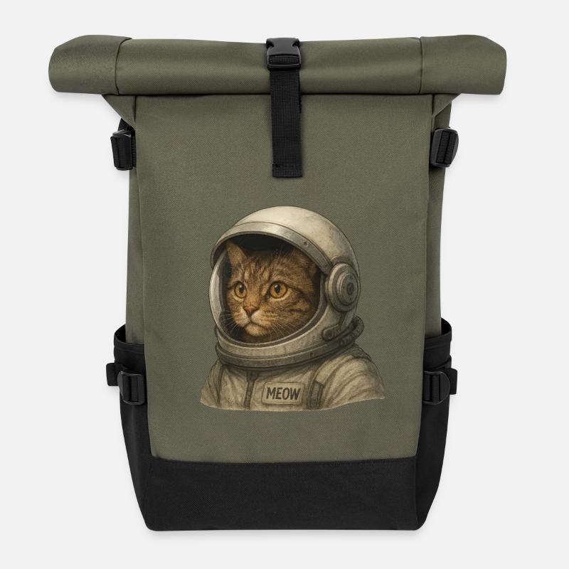 Cat Astronaut Helmet Art with "Meow" Patch - Roll Top Backpack - olive/black