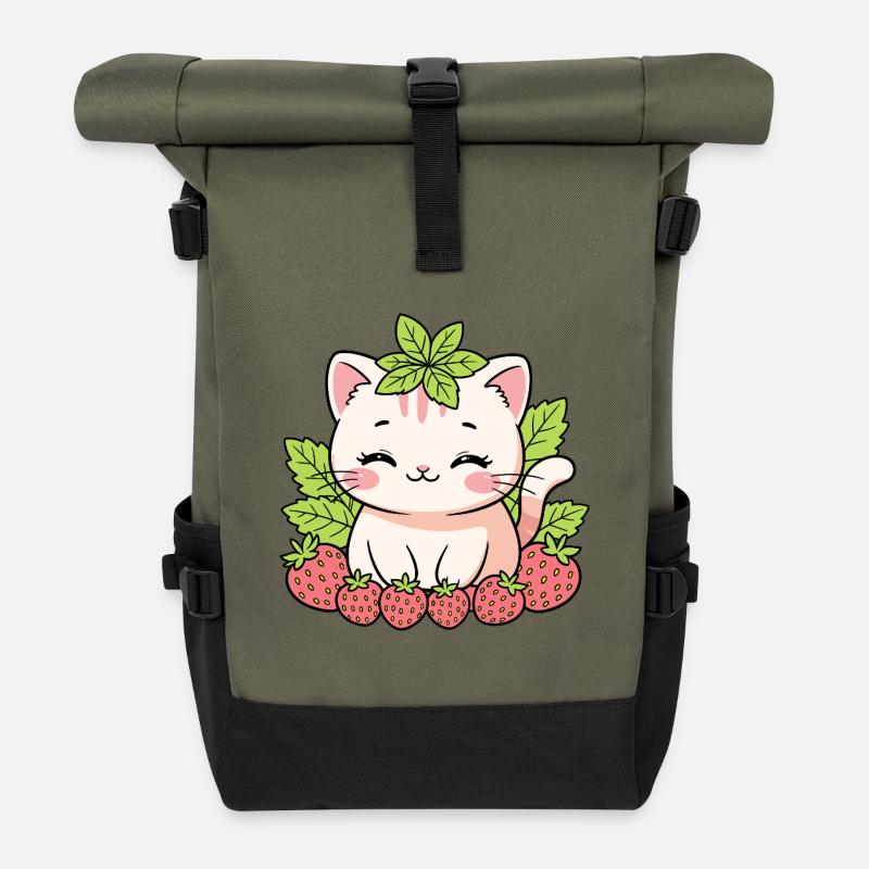Kitten with strawberries and leaves - Roll Top Backpack - olive/black