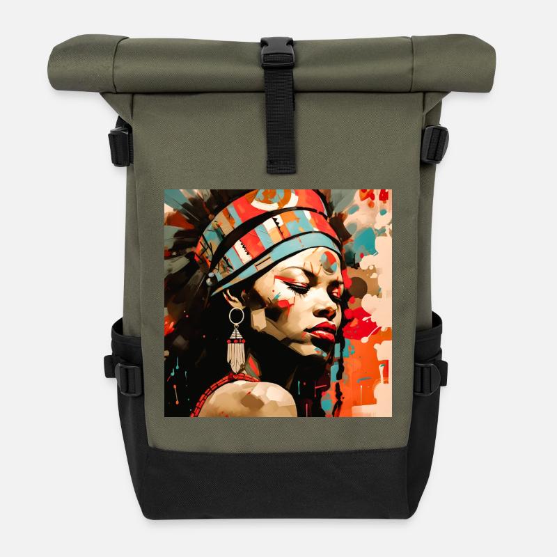 Porträt Afro Stammeskunst Design - Rolltop Rucksack - Olive/Schwarz