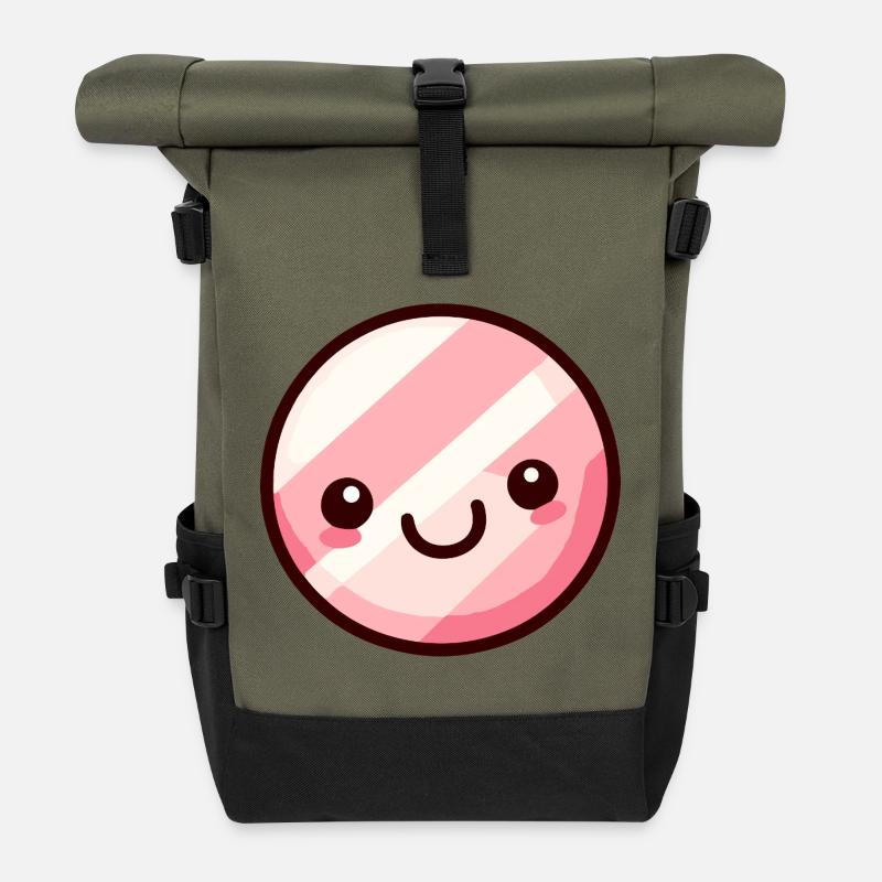 Kawaii Pink Marshmallow Face Design - Roll Top Backpack - olive/black