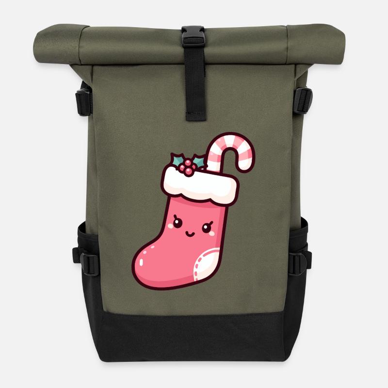 Festliche Weihnachtsstrumpf Illustration - Rolltop Rucksack - Olive/Schwarz