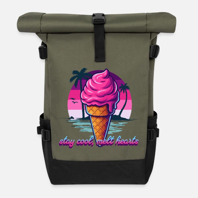 Pink Eiscreme Sunset Design - Rolltop Rucksack - Olive/Schwarz