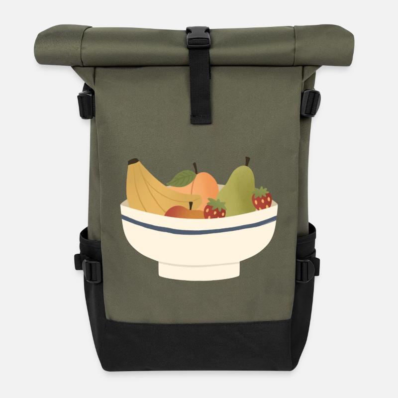 Whimsical Fruit Bowl Illustration - Roll Top Backpack - olive/black