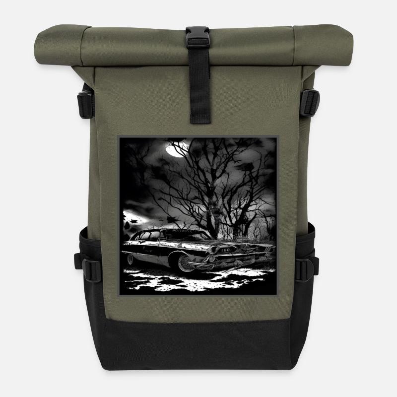 Vintage Classic Car Under Haunted Tree - Roll Top Backpack - olive/black