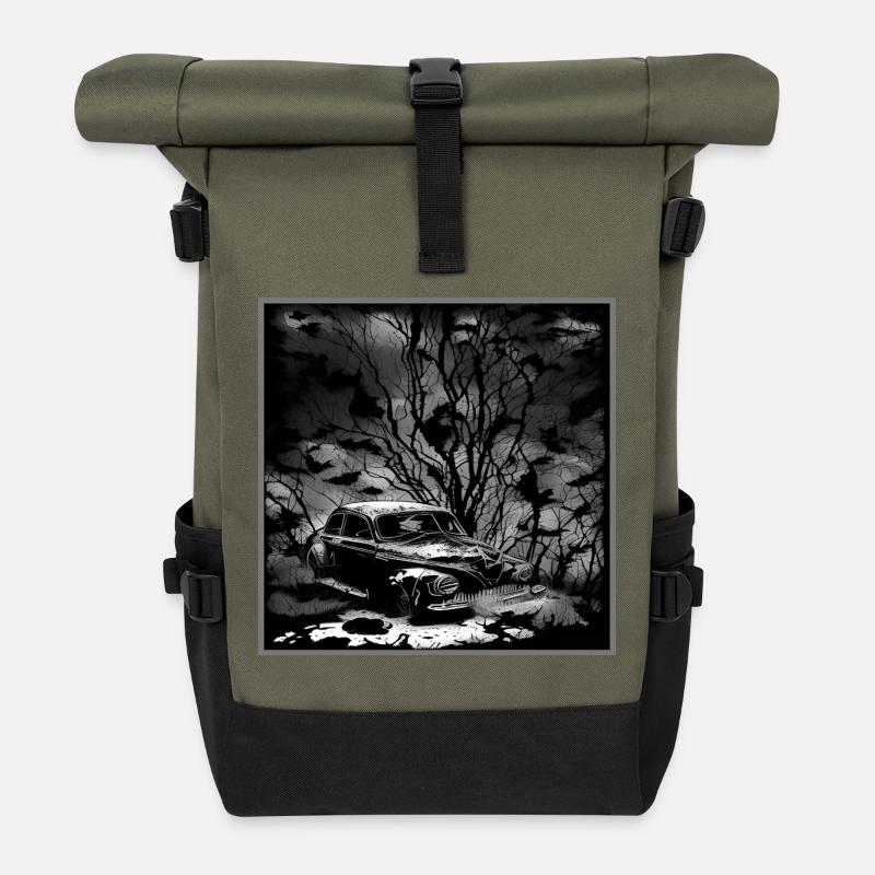Dunkler Wald Oldtimer Illustration - Rolltop Rucksack - Olive/Schwarz