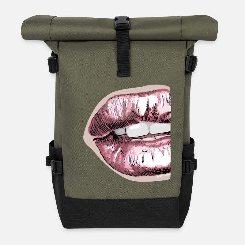 Expressive lip art in pastel colors - Roll Top Backpack - olive/black