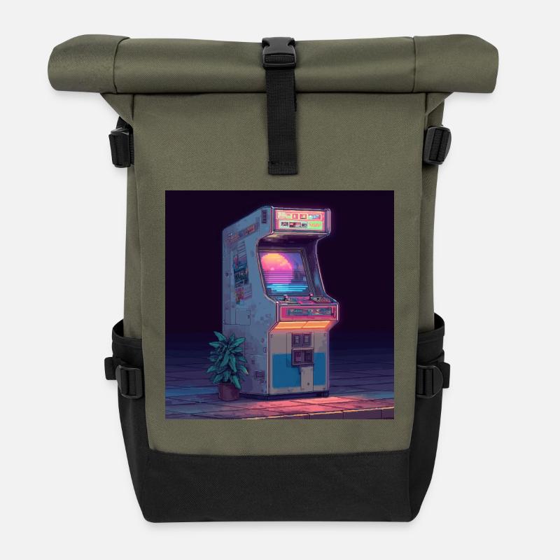 Retro Arcade Machine – Neon Gaming Vibes - Rolltop Rucksack - Olive/Schwarz