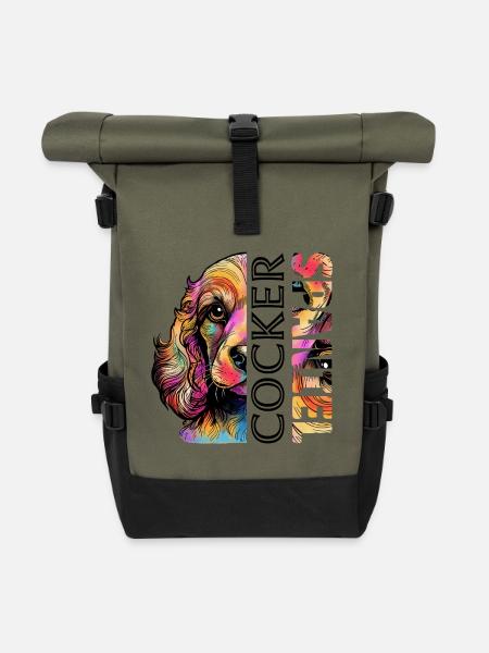 Farbenfroher Cocker Spaniel - Rolltop Rucksack - Olive/Schwarz