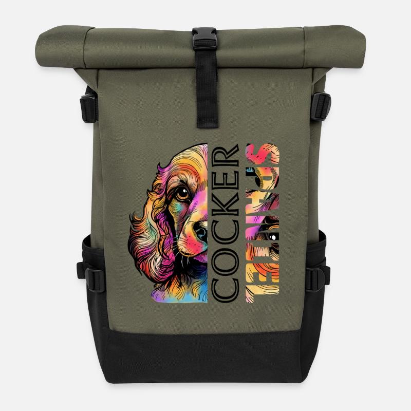Farbenfroher Cocker Spaniel - Rolltop Rucksack - Olive/Schwarz