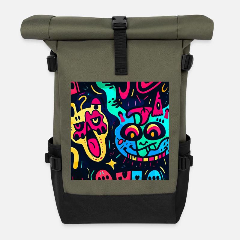 Illustration mit bunten Monstern - Rolltop Rucksack - Olive/Schwarz
