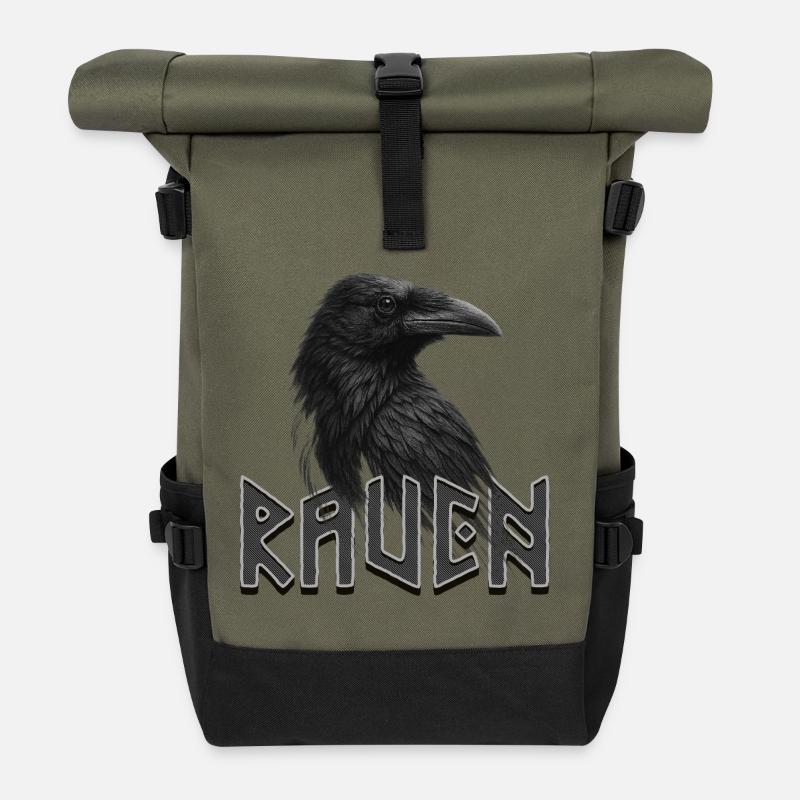 Corbeau noir avec lettrage runique - Sac à dos roll top - olive/noir