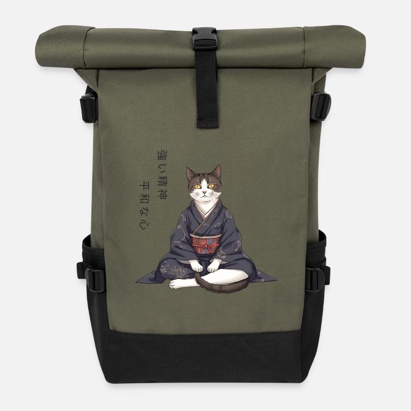 Chat d'anime moderne en kimono – Méditation zen - Sac à dos roll top - olive/noir
