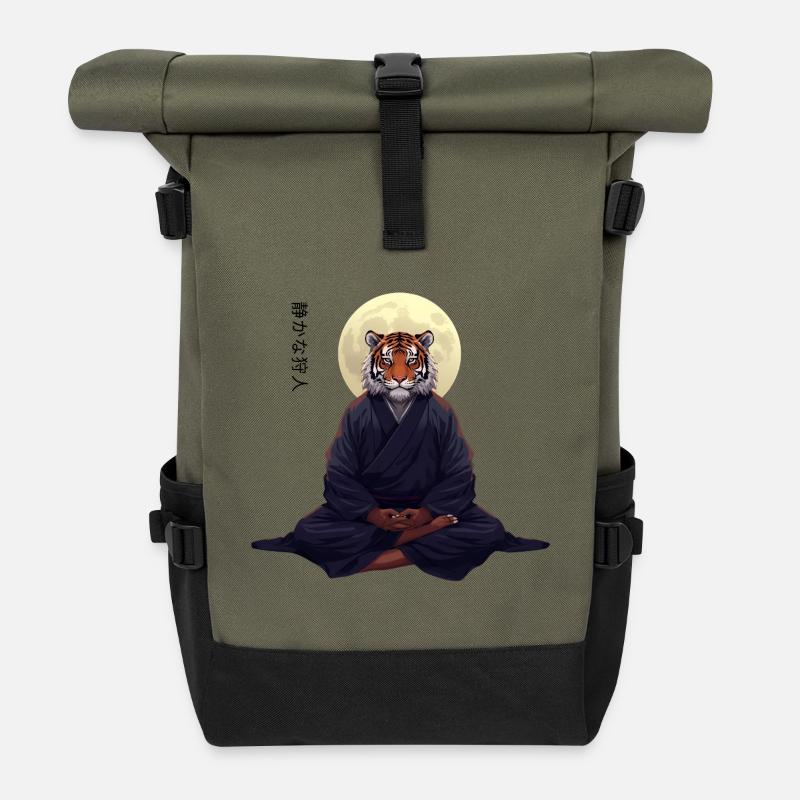Tiger Monk – Sumi-e Zen Kunst Strength Within - Rolltop Rucksack - Olive/Schwarz