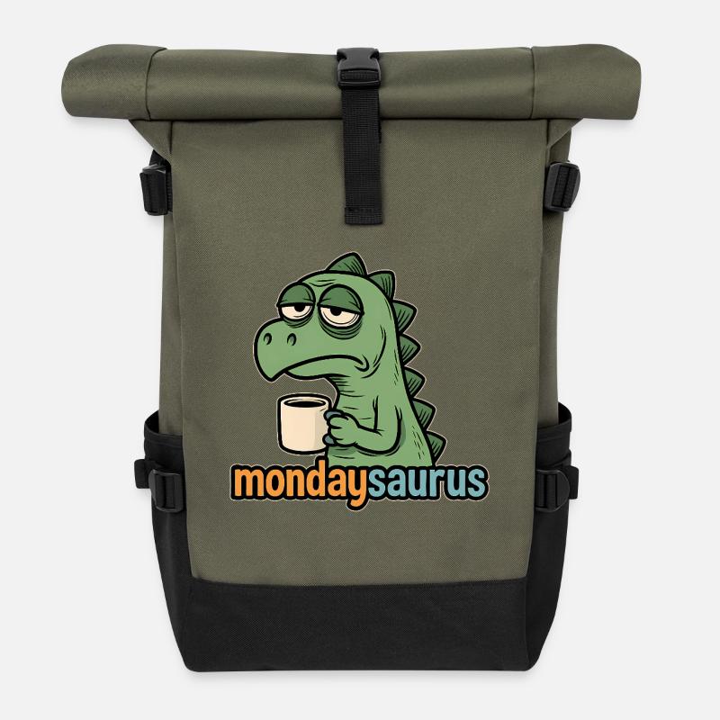 Tired dinosaur with coffee cup on Monday - Roll Top Backpack - olive/black