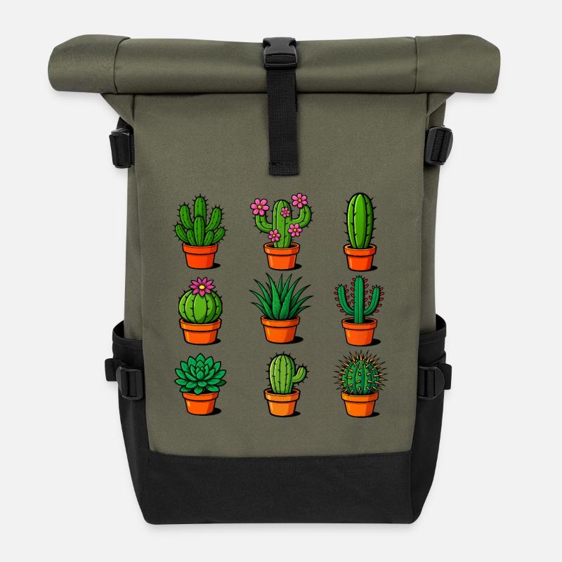 Divers cactus dans des pots en terre cuite - Sac à dos roll top - olive/noir