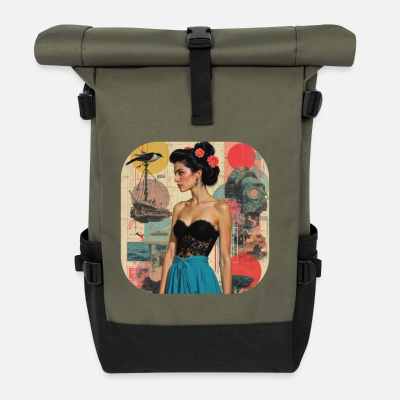 Retro Collage Vintage T Shirt - Roll Top Backpack - olive/black